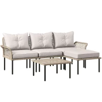 Outsunny Conjunto de Jardín de Ratán Sintético con Sofá de Exterior de 4 Módulos y 1 Mesa de Centro y Cojines Crema(m-1)
