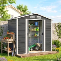 Outsunny 7 x 4ft Garden Shed, Easy to Assemble, Upgraded Galvanised Steel Frame with Foundation Kit, Double Doors with Lock, Outdoor Metal Shed with Vents and Gloves, Garden Storage Shed, Dark Grey(m-14)