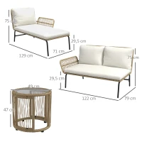 Outsunny Salon de jardin extérieur d'angle 3 places en résine tressée avec canapés, chaise longue, table basse et coussins, crème(m-3)