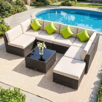 Outsunny 7-Seater PE Rattan Corner Sofa Set, Garden Furniture Set, Patio Wicker Sofa Seater w/ Cushion, Washable Cushion Cover & Tempered Glass Table, Brown(m-2)