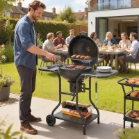 Outsunny Houtskoolbarbecue BBQ Smoker met zijtafels, dekselthermometer en wielen – 129 x 63,5 x 106,5 cm(m-2)