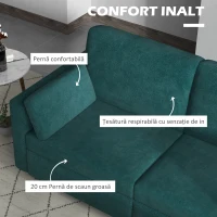 HOMCOM Canapea cu 3 Locuri din Catifea, cu Perne și Șezut Capitonat, 178x82x85cm, Verde Închis(m-8)