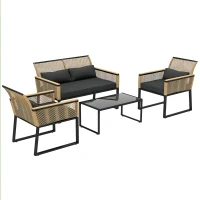 Outsunny Polyrattan Tuinmeubelset voor 4 Personen, Weerbestendig Balkonmeubelset met Tweezitsbank, 2 Stoelen, Glazen Tafel en Zitkussens Zwart(m-11)