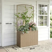 Outsunny Rattan Planter with Trellis, Raised Beds for Garden with Liner for Climbing Plants Vegetables Flowers, Light Grey(m-3)