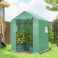 Outsunny Small Greenhouse with Raised Garden Bed, Galvanised Walk-in Greenhouse with Roll Up Windows, 141 x 141 x 190 cm, Green(m-2)
