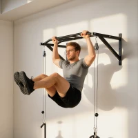 SPORTNOW Barre de traction murale barre de fitness multi-prise système de poulie à câble charge 200kg, acier 126x60x45,5cm, noir(m-10)