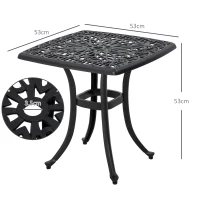 Outsunny Cast Aluminium Bistro Table, Outdoor Square Side Table with Umbrella Hole, Garden Table for Balcony, Black(m-3)
