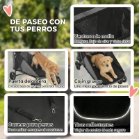 PawHut Carrito para Perros Plegable con un Botón hasta 30 kg con Suspensión en 4 Ruedas Giratorio y Freno de Pie Gris(m-6)