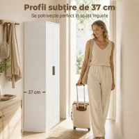 HOMCOM Dulap pentru dormitor slim 2 uși, închidere amortizată, bară pentru umerașe și rafturi, PAL, 70 x 37 x 164cm, alb(m-4)