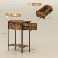 HOMCOM Bijzettafel met open vak en lade, nachttafel, metalen poten, hout, bruin(m-3)