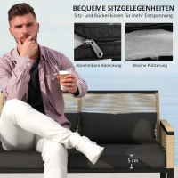 Outsunny Polyrattan Tuinmeubelset voor 4 Personen, Weerbestendig Balkonmeubelset met Tweezitsbank, 2 Stoelen, Glazen Tafel en Zitkussens Zwart(m-5)