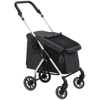 PawHut Poussette pour chien 4 roues légère et pliable, coussin lavable, laisse de sécurité, fenêtre à mailles multiples, gris(m-1)