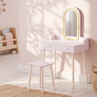 AIYAPLAY Coiffeuse Enfant en Bois avec Miroir LED 3 Couleurs, Tabouret, Tiroir et Plateau Spacieux, 60x36x100cm, 3 à 8 Ans, Rose(m-2)