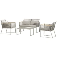 Outsunny Conjunto de Muebles de Jardín de Ratán 4 Piezas Sofá Doble 2 Sillones Individuales y Mesa de Café de Vidrio con Cojines Desenfundables para Exterior Terraza Gris(m-12)