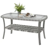 Outsunny Mesa de Jardín Exterior Rectangular de Ratán con Estante Tablero de Vidrio Templado con Ondas 90x50x45 cm Gris Oscuro(m-11)