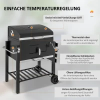 Outsunny Houtskoolbarbecue Smoker BBQ-Smoker, 1 Opbergruimte, 1 Handdoekhouder, 2 Grillroosters, 113 cm x 65 cm x 108 cm, Zwart(m-5)