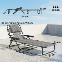 Outsunny Chaise longue de jardin pliante dossier réglable sur 4 niveaux, trou de lecture et appui-tête 72L x 194l x 31H cm Gris(m-3)