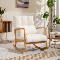 HOMCOM Fotoliu Balansoar 90°-130° cu Pernă Lombară, Acoperit cu Material Textil Sherpa, 64.5x82x89 cm, Alb și Lemn Natur(m-10)