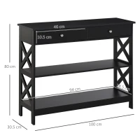 HOMCOM Console Table Side Desk w/ Shelves Drawers Open Top X Support Frame Living Room Hallway Home Office Furniture Black(m-3)