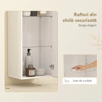 HOMCOM Dulap Suspendat pentru Baie cu 2 Rafturi de Sticlă Reglabile și Ușă Fără Mâner, Alb Lucios(m-6)