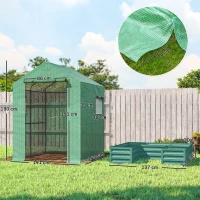 Outsunny Small Greenhouse with Raised Garden Bed, Galvanised Walk-in Greenhouse with Roll Up Windows, 141 x 141 x 190 cm, Green(m-3)