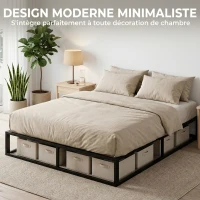 HOMCOM Cadre de Lit 140 x 190 cm avec Sommier, Lit Double avec Pochette de Rangement, Support à Lattes en Bois, Noir(m-7)