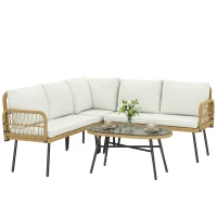 Outsunny Polyrattan Tuinmeubelset 4-delig, Loungeset met Hoekbank Tweezitsbank Glazen Tafel Afneembare Kussens voor 5 Personen(m-10)