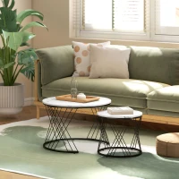 HOMCOM Set van 2 Salontafels, Marmerlook, Spaanplaat, Metaal, Ronde Koffietafels voor Woonkamer, In elkaar te plaatsen, Wit(m-7)