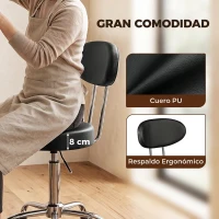 HOMCOM Taburete con Ruedas Giratorio Altura Regulable de Cuero Sintético con Respaldo para Spa Oficina Tatuajes Negro(m-5)