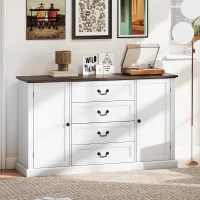 HOMCOM Credenza da Cucina Stile Vintage con 4 Cassetti e 2 Armadietti con Mensole Regolabili, 147x40x87, Legno Bianco(m-10)