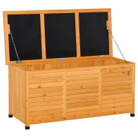 Outsunny Baúl de Madera Exterior Caja de Almacenamiento de Jardín con Tapa Abrible y Diseño Persiana 127x56x60 cm Natural(m-11)