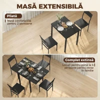 HOMCOM Set Masă și Scaune Dining 5 Piese Extensibil cu MDF și Metal, 80-120 cm, 4 Scaune Stivuibile, Negru(m-5)