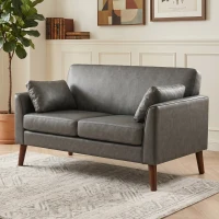 HOMCOM 2 Seater Sofa, 132 cm Modern Small Sofa with Solid Wood Legs and 2 Pillows for Small Space, Grey(m-13)
