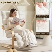 HOMCOM Fotoliu Relax din Lemn și Catifea cu Suport pentru Picioare, Crem(m-4)