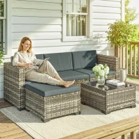 Outsunny Conjunto de Jardín Exterior de Ratán 5 Piezas con Cojines 2 Sillones de Esquina Sillón sin Brazos Reposapiés y Mesa(m-10)