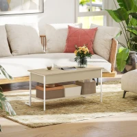 HOMCOM Mesa de Centro Elevable con Cierre Suave Espacio Oculto de Almacenaje y Estante Abierto 95x40x59 cm Natural y Blanco(m-8)