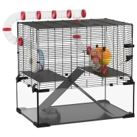 PawHut Gerbil Cage Dwarf Hamster Cage, with Deep Glass Bottom, Tunnels, Hut, Exercise Wheel, 60 x 40 x 57cm(m-1)