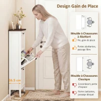 HOMCOM Meuble à chaussures 18 paires, armoire à chaussures étroite avec 3 tiroirs rabattables et étagères réglables, blanc(m-4)
