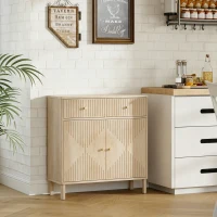 HOMCOM Buffet, meuble de rangement cannelé avec plateau effet marbre, 2 tiroirs, 2 portes, étagère réglable, 77x30x80cm, chêne(m-2)