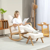 HOMCOM Schommelstoel met Kruk, Zachte Bekleding, Linnenlook, Houten Frame, Crèmewit(m-6)