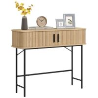 HOMCOM Console meuble, table console avec portes coulissantes à lattes et pieds en acier, pour salon, chêne et noir(m-12)