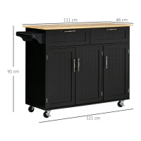 HOMCOM Carrello da Cucina in Legno con 2 Cassetti, Armadietto 3 Ante e 4 Ruote, 121x46x91cm, Nero(m-3)