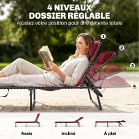 Outsunny Bain de Soleil transat Pliable Dossier inclinable Multi-Positions Acier thermoplastique Lacets élastiques Noir textilène Rouge(m-4)