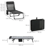 Outsunny Lettino Prendisole Pieghevole con Cuscino, Poggiatesta e Tasca Laterale, 58x189x32.5 cm, Grigio Chiaro(m-3)