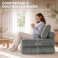 HOMCOM Fauteuil Convertible 1 Place 95 x 220 cm avec 2 Oreillers, Siège Épais, Fauteuil-Lit Chauffeuse 3 en 1, Gris Clair(m-7)