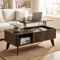 HOMCOM Mesa de Centro Elevable con Compartimento Oculto Estantes Abiertos Frontal Ondulado 100x48x41-56 cm Nogal(m-2)