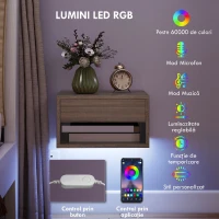 HOMCOM Set 2 Noptiere Suspendate cu LED Integrat și Reglabil prin Aplicație, Sertar și Raft, 37x32x21 cm, Nuanță de Lemn(m-4)