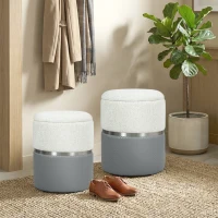 HOMCOM Nesting Round Ottoman with Storage Set of 2 - Cream/Grey(m-2)
