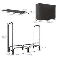 Outsunny Portalegna da Interno ed Esterno in Metallo con Telo Porta Legna e Copertura, 120x36x99 cm, Nero(m-3)