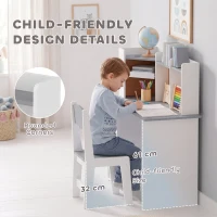 AIYAPLAY Kids Desk and Chair Set Storage Shelves Kids Desk Adjustable Tablet Stand Cork Board Pen Holder Grey(m-7)